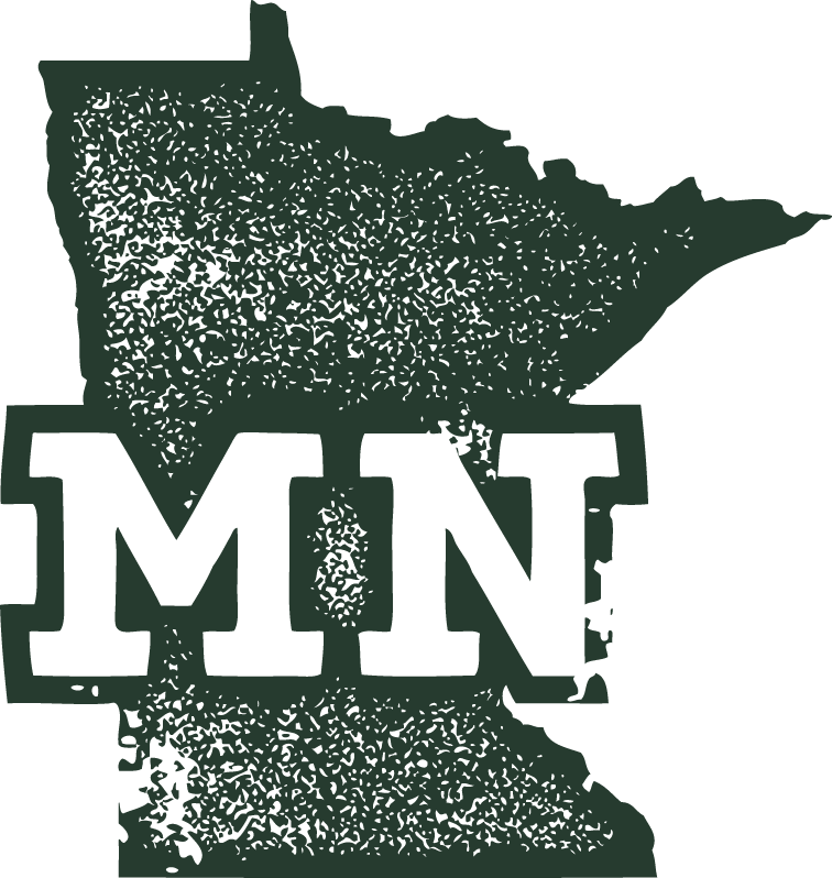 minnesota-state-with-words Map outline of Minnesota in dark green with "MN" in bold letters across it.