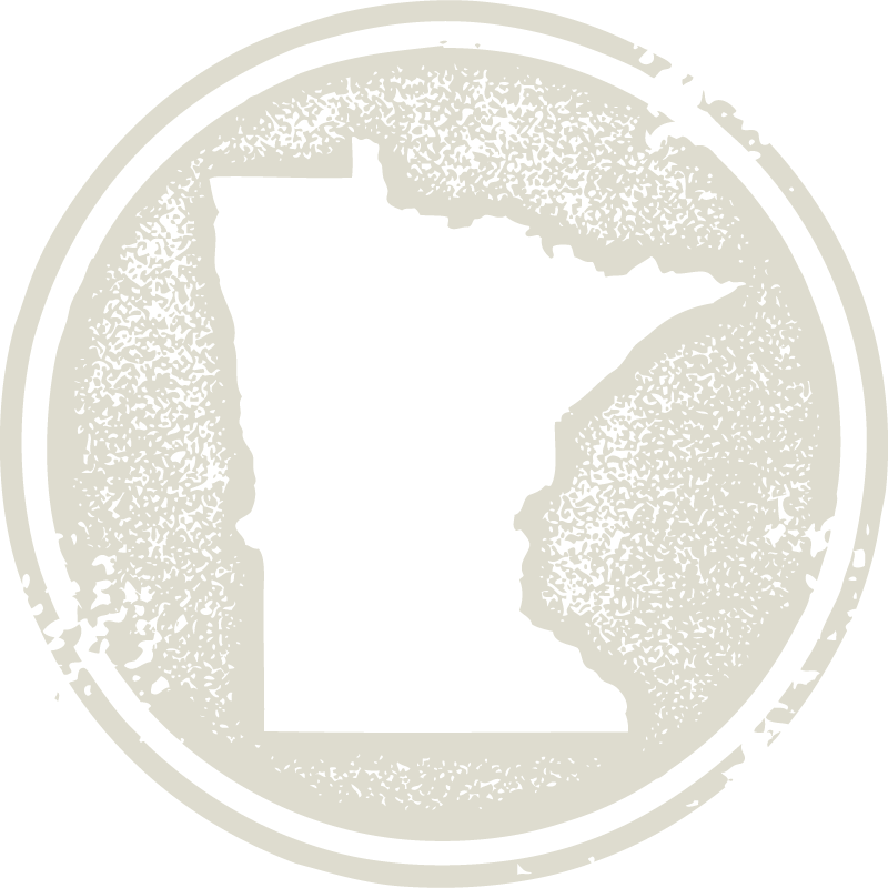 A textured white silhouette of Minnesota is centered in a speckled beige circle, creating a vintage, rustic feel against the background.